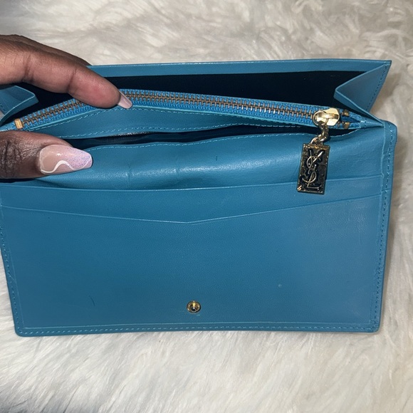 Yves Saint Laurent Long Wallet Vivid Color Turquoise Blue Leather EUC - Picture 9 of 14